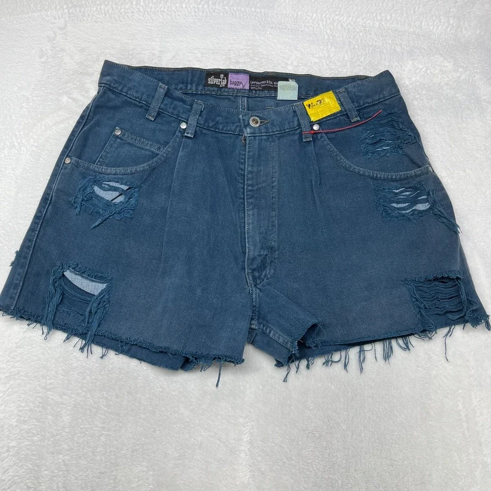 Vintage Levi's Silver Tab Baggy Shorts Men Blue Denim Distressed Zip Fly - 36X32